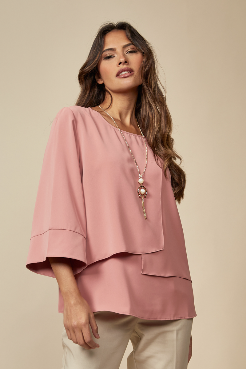 Layered Top With 3/4 Sleeves in Pink with Necklace