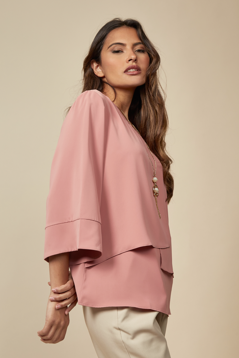 Layered Top With 3/4 Sleeves in Pink with Necklace