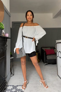 Oversized Off Shoulder Top with Tie Detailed Sleeves in White