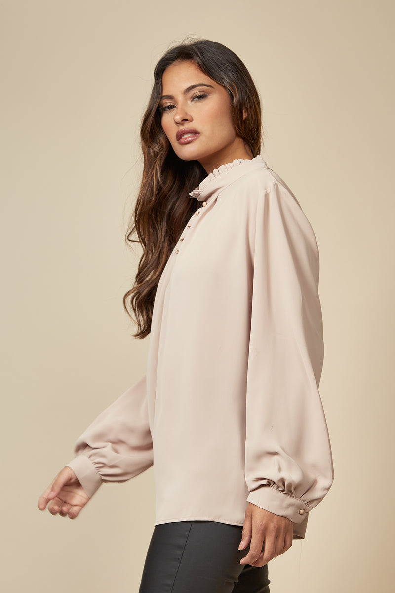 Oversized Ruffle Neck Top with Long Sleeves in Beige