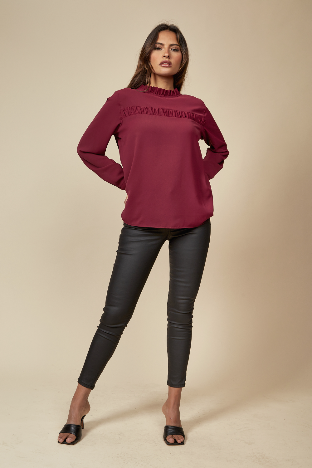 Ruffle Neck Detailed Relaxed Fit Top in Burgundy