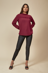 Ruffle Neck Detailed Relaxed Fit Top in Burgundy