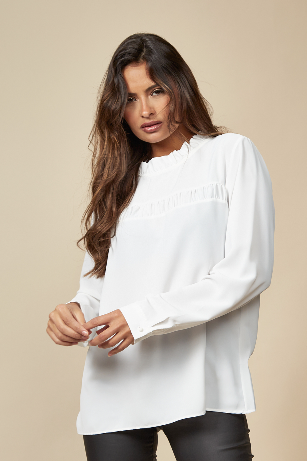 Ruffle Neck Detailed Relaxed Fit Top in White