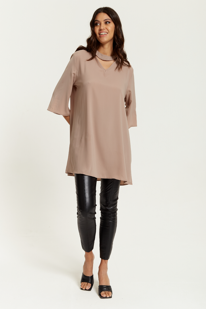 Oversized Detailed Neckline Tunic with 3/4 Sleeves in Beige