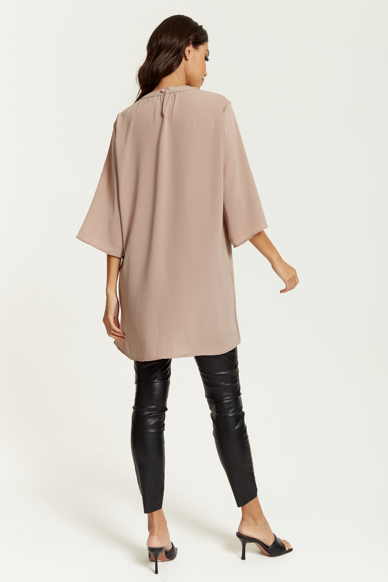 Oversized Detailed Neckline Tunic with 3/4 Sleeves in Beige