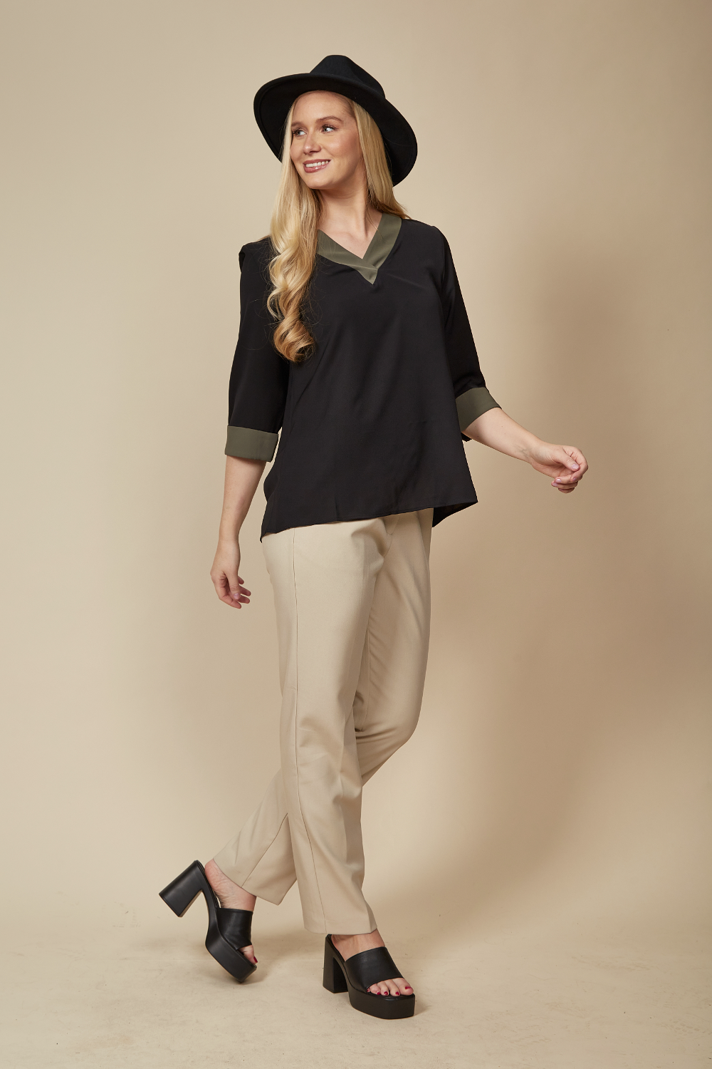 3/4 Sleeves V Neck Top with Khaki Lines in Black