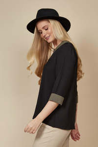 3/4 Sleeves V Neck Top with Khaki Lines in Black