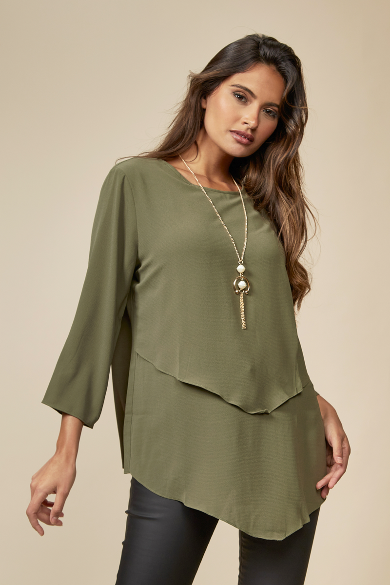 3/4 Sleeve Relaxed Layered Top With Necklace In Khaki