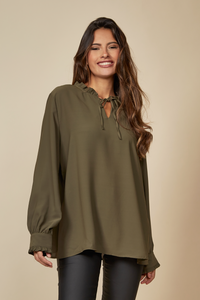 Oversized Tie Ruffle Neck Top in Khaki