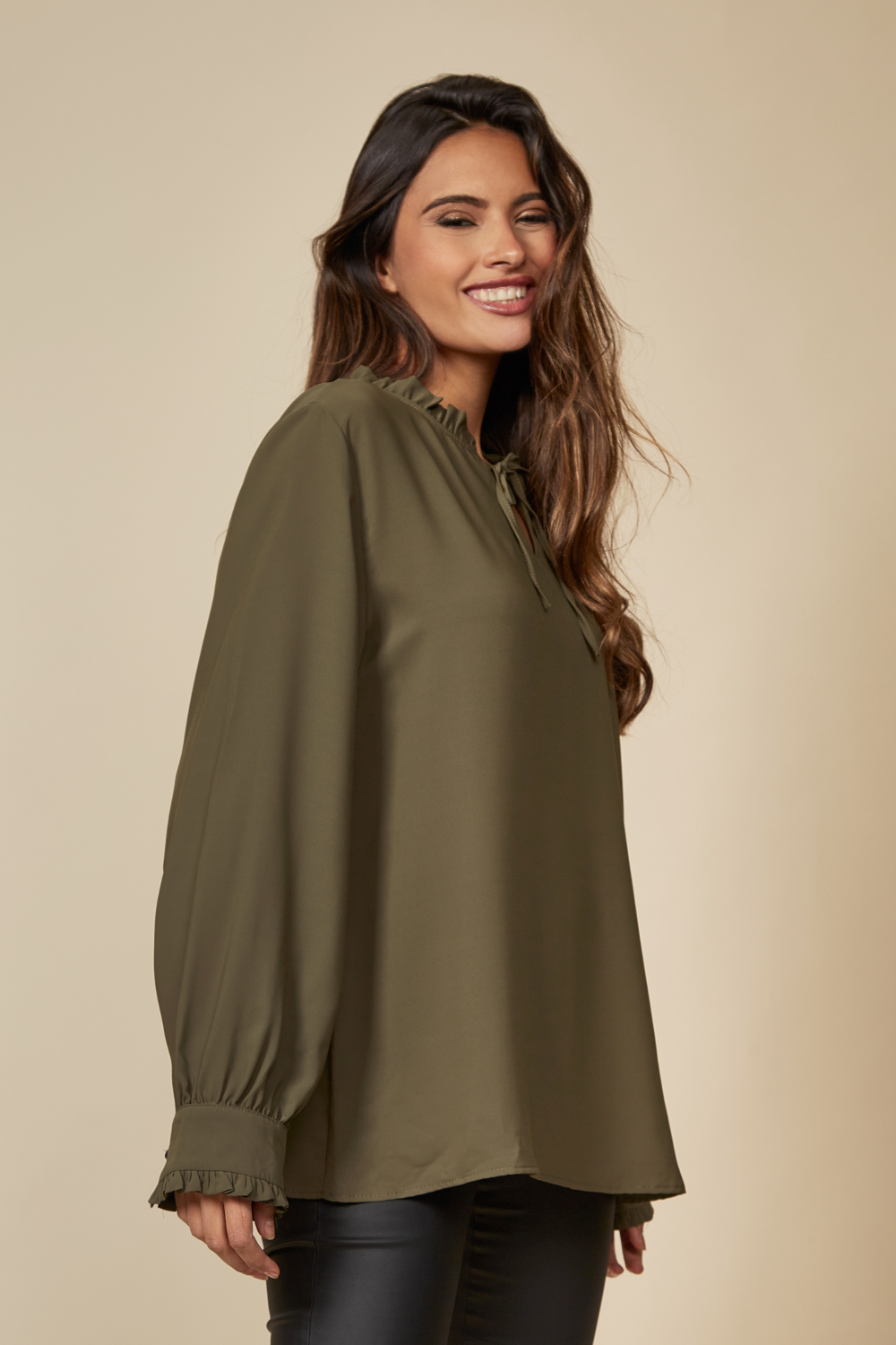 Oversized Tie Ruffle Neck Top in Khaki