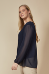 Long Sleeves Oversized Pleated Top with Tulle Details in Navy