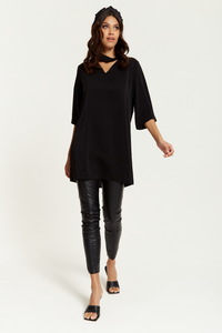 Oversized Detailed Neckline Tunic with 3/4 Sleeves in Black