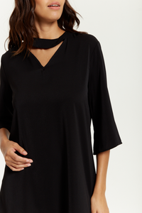 Oversized Detailed Neckline Tunic with 3/4 Sleeves in Black