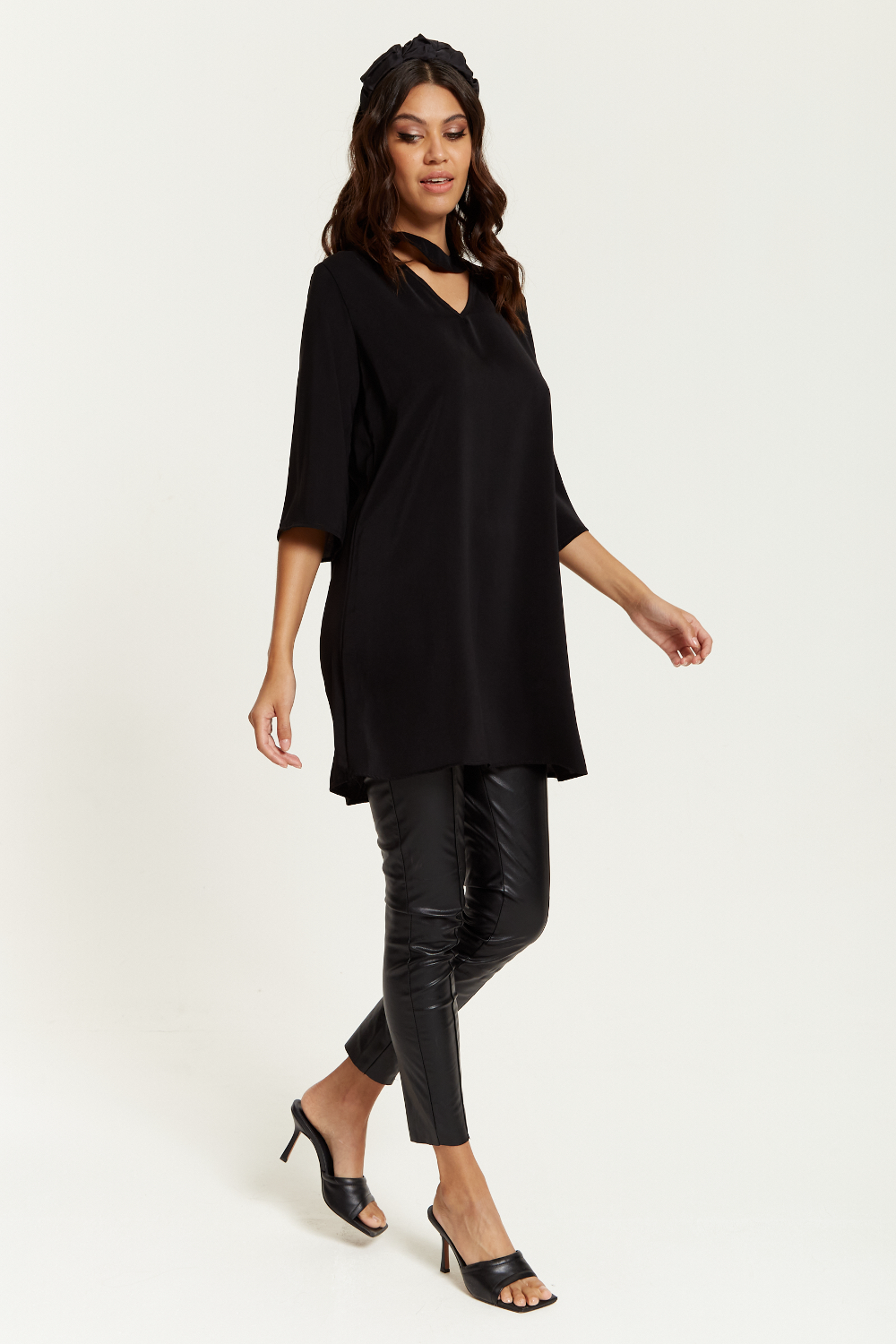 Oversized Detailed Neckline Tunic with 3/4 Sleeves in Black