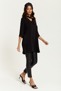 Oversized Detailed Neckline Tunic with 3/4 Sleeves in Black