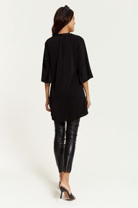 Oversized Detailed Neckline Tunic with 3/4 Sleeves in Black