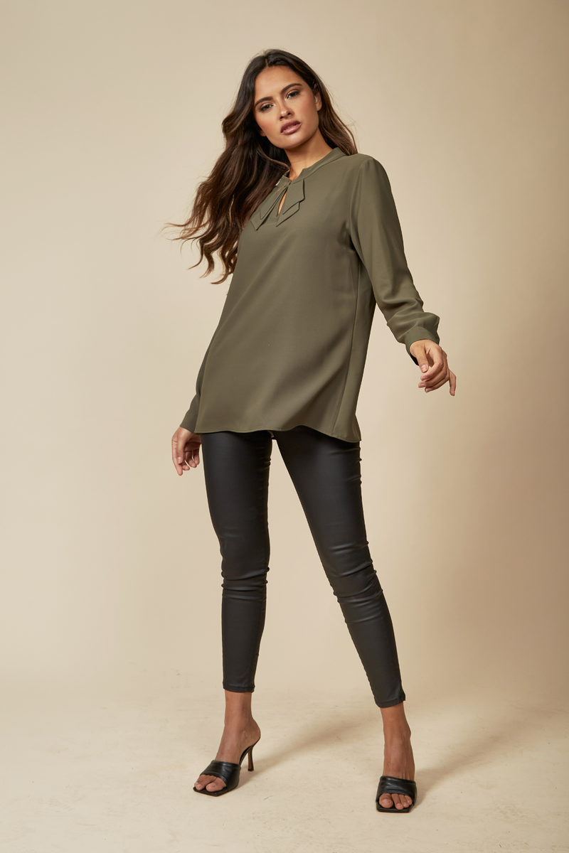 Oversized Detailed V Neck Top with Long Sleeves in Khaki