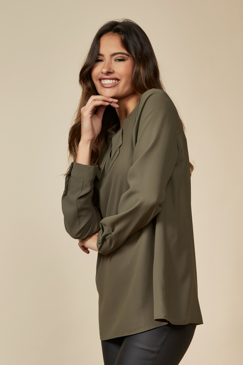 Oversized Detailed V Neck Top with Long Sleeves in Khaki