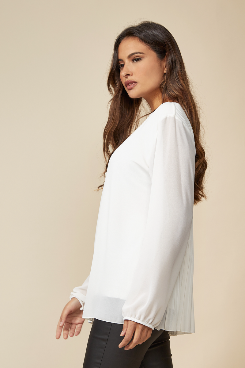 Long Sleeves Oversized Pleated Top with Tulle Details in White