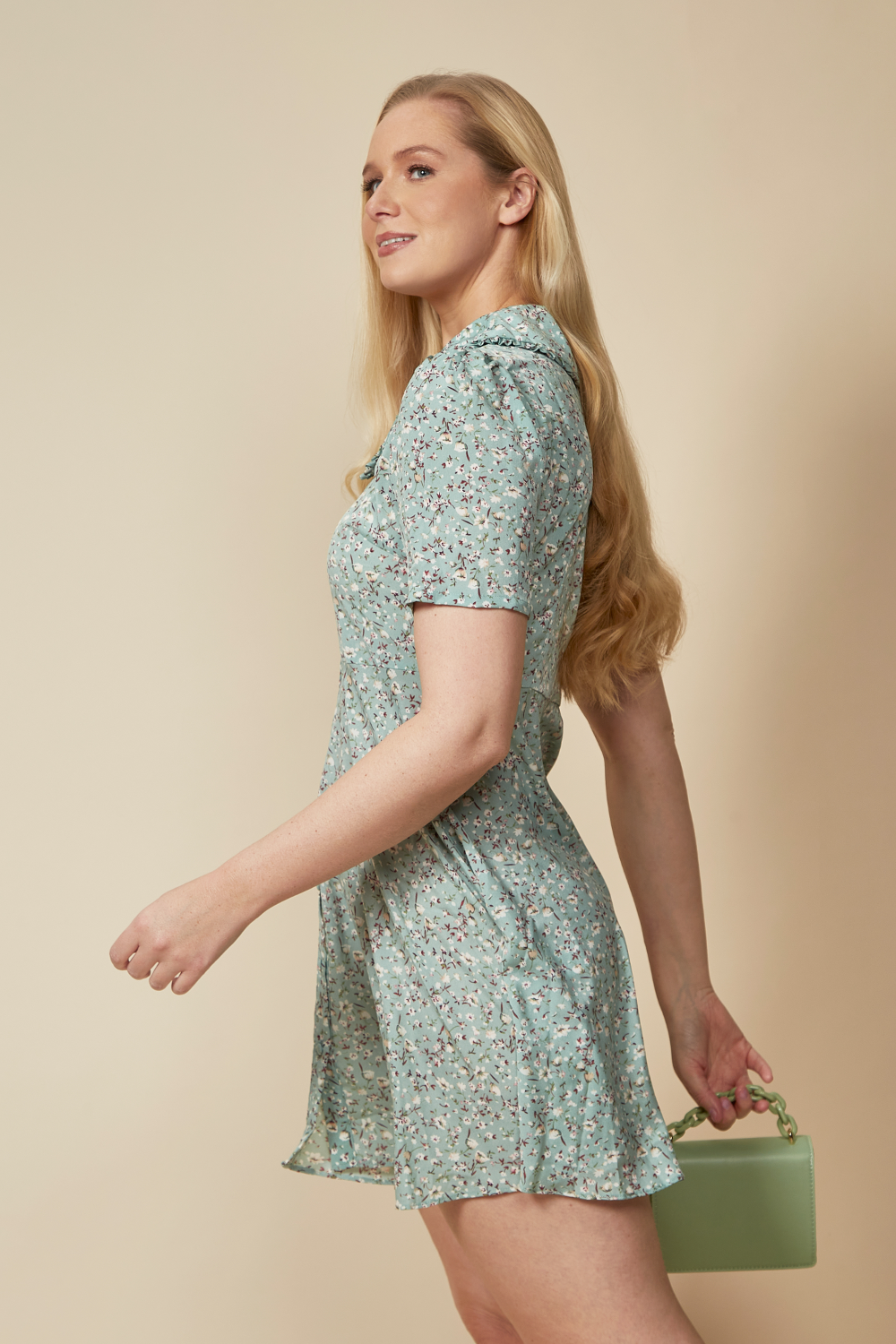 Blue Peter Pan Collar Mini Dress with Floral Print