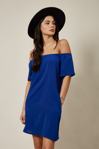 Relaxed Fit Off Shoulder Mini Dress in Blue