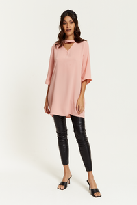 Oversized Detailed Neckline Tunic with 3/4 Sleeves in Pink