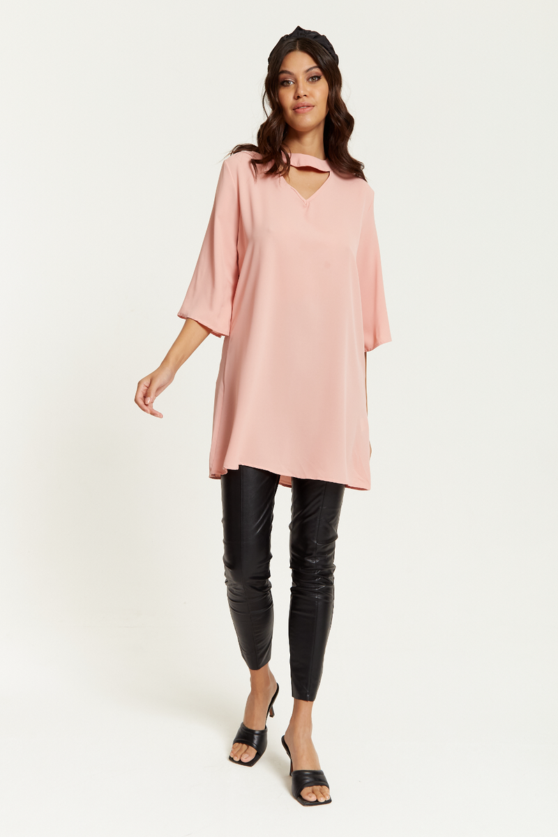 Oversized Detailed Neckline Tunic with 3/4 Sleeves in Pink