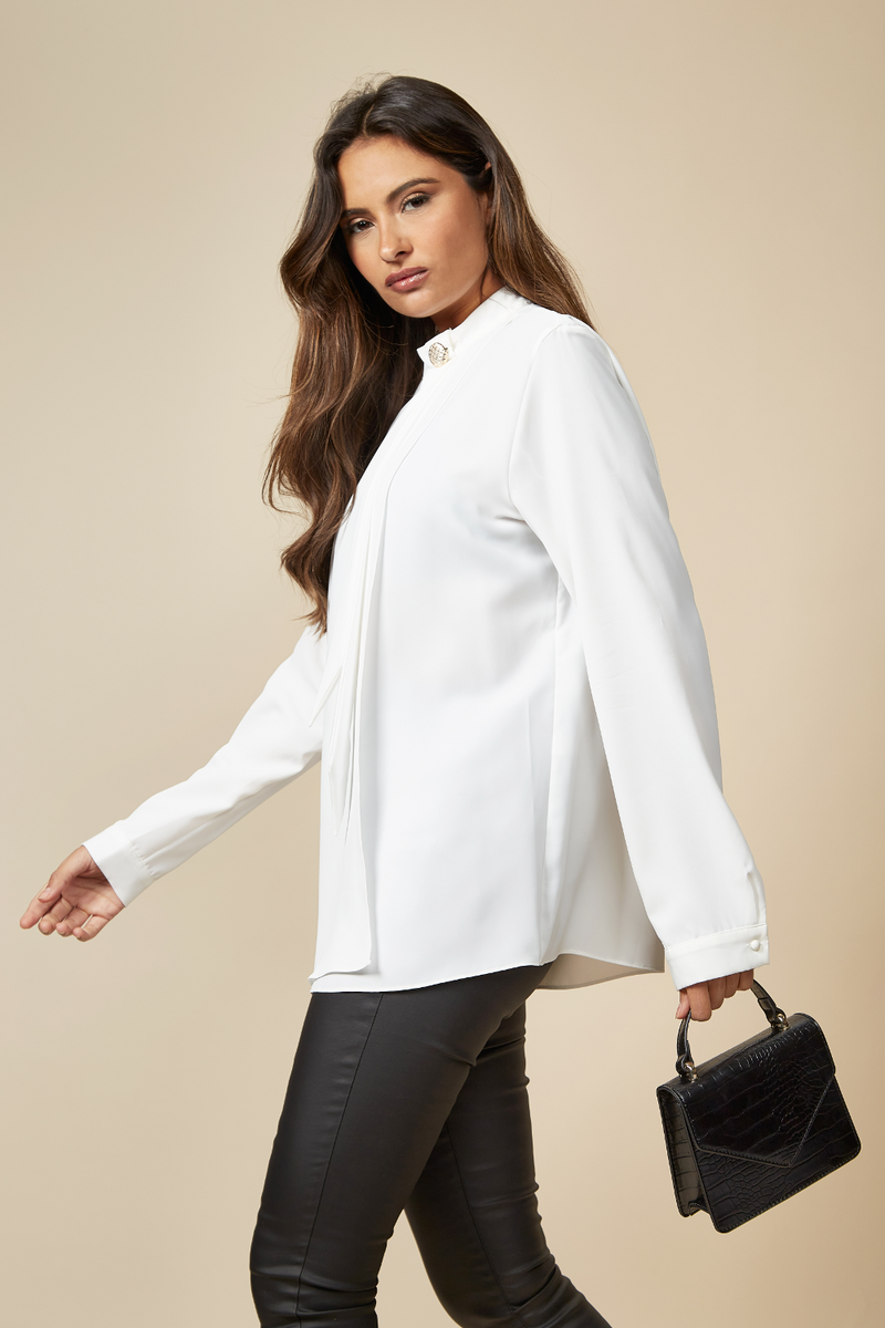 Oversized High Neck Top with Brooch Details in White