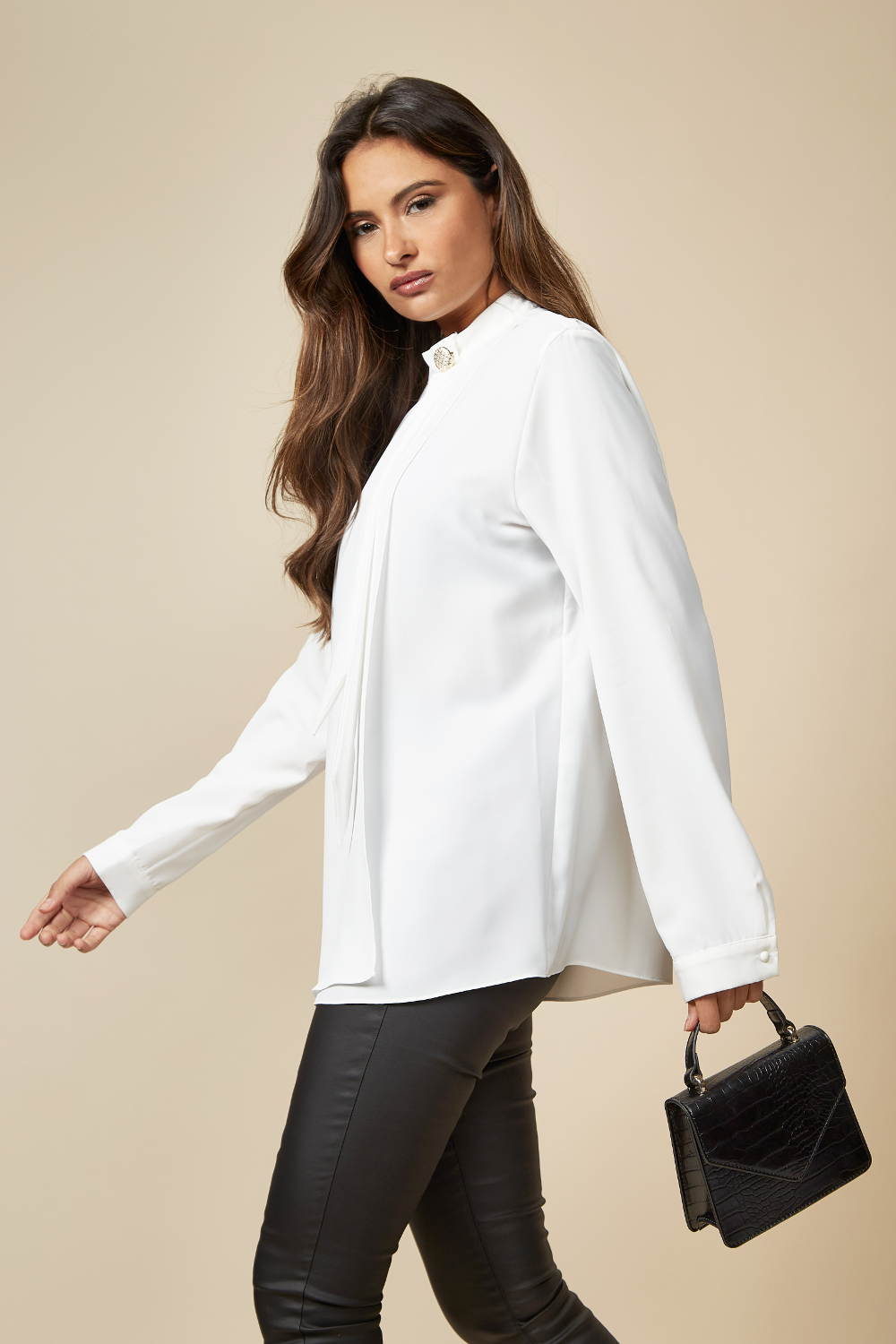 Oversized High Neck Top with Brooch Details in White