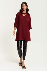 Oversized Detailed Neckline Tunic with 3/4 Sleeves in Burgundy