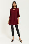 Oversized Detailed Neckline Tunic with 3/4 Sleeves in Burgundy