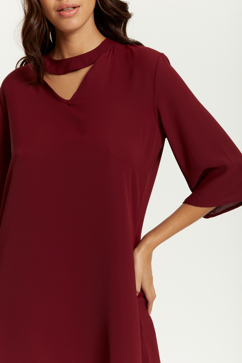 Oversized Detailed Neckline Tunic with 3/4 Sleeves in Burgundy