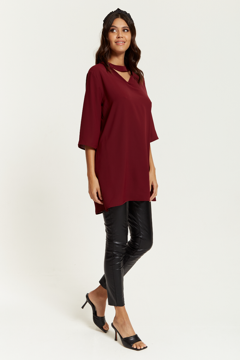 Oversized Detailed Neckline Tunic with 3/4 Sleeves in Burgundy