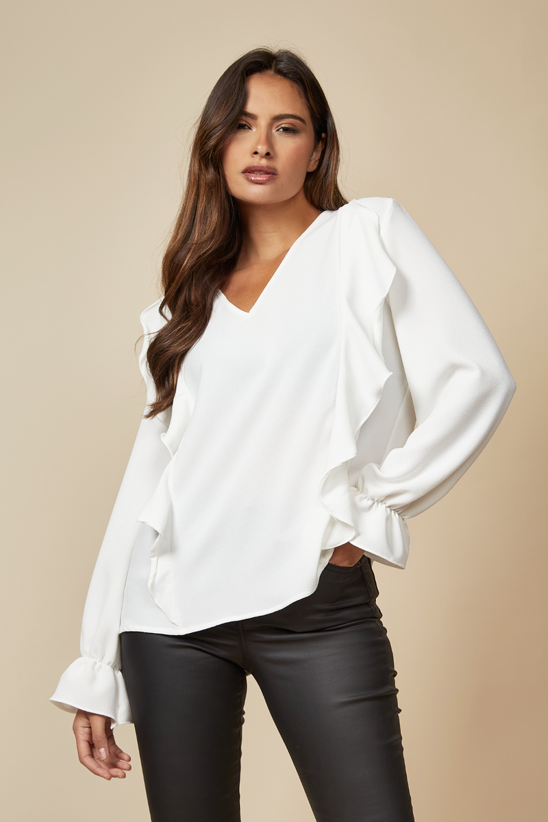 Oversized V Neck Top Ruffle Front Details in White