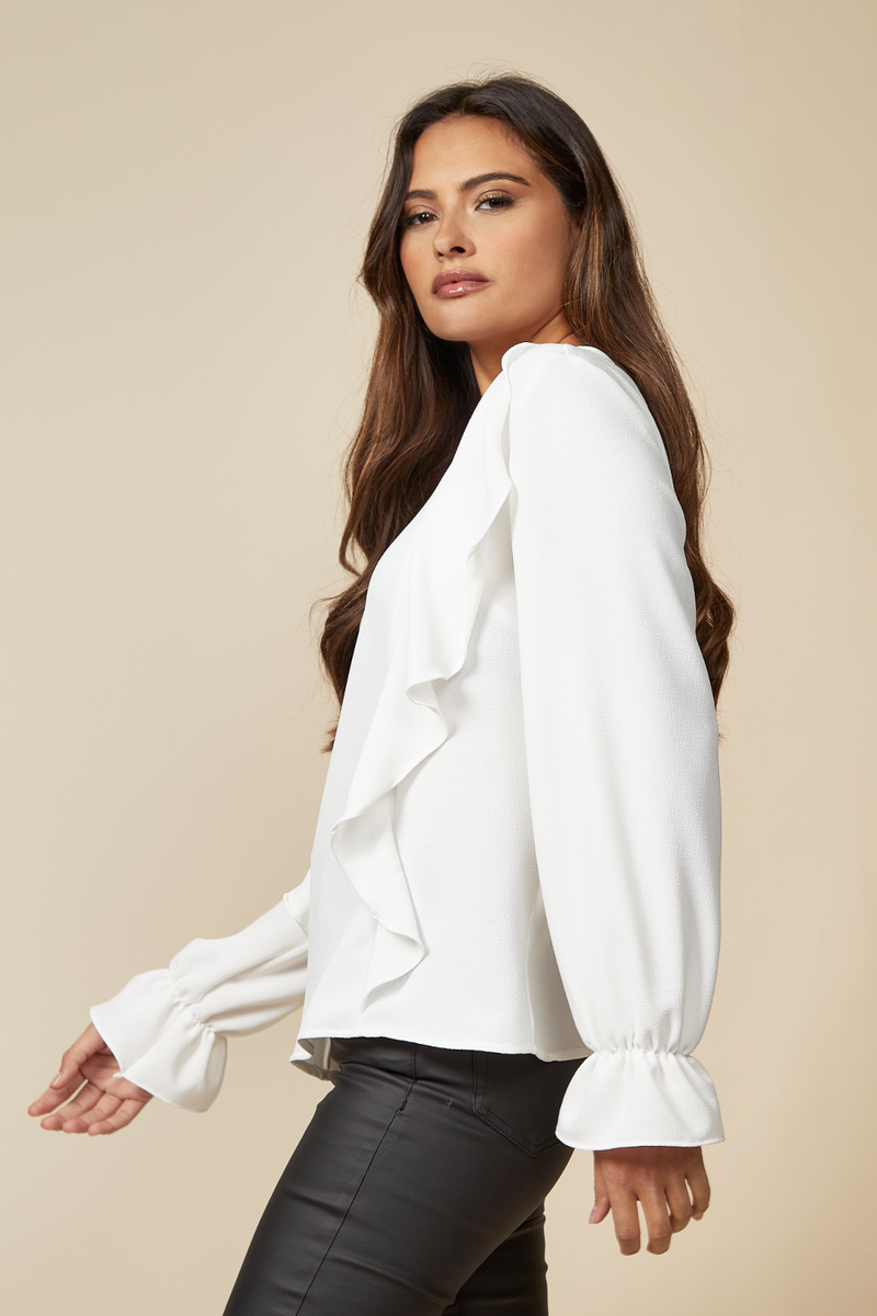 Oversized V Neck Top Ruffle Front Details in White