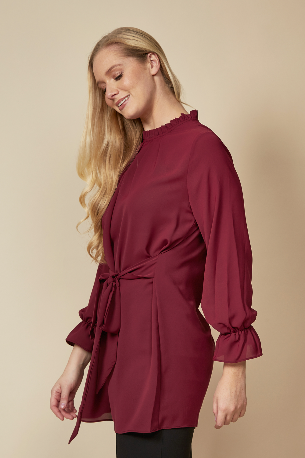 Oversized Tie Ruffle Neck with Tie Waist Detailed Top in Burgundy