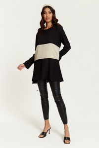 Oversized Satin Long Sleeves Colour Block Tunic Top in Black, White and Black