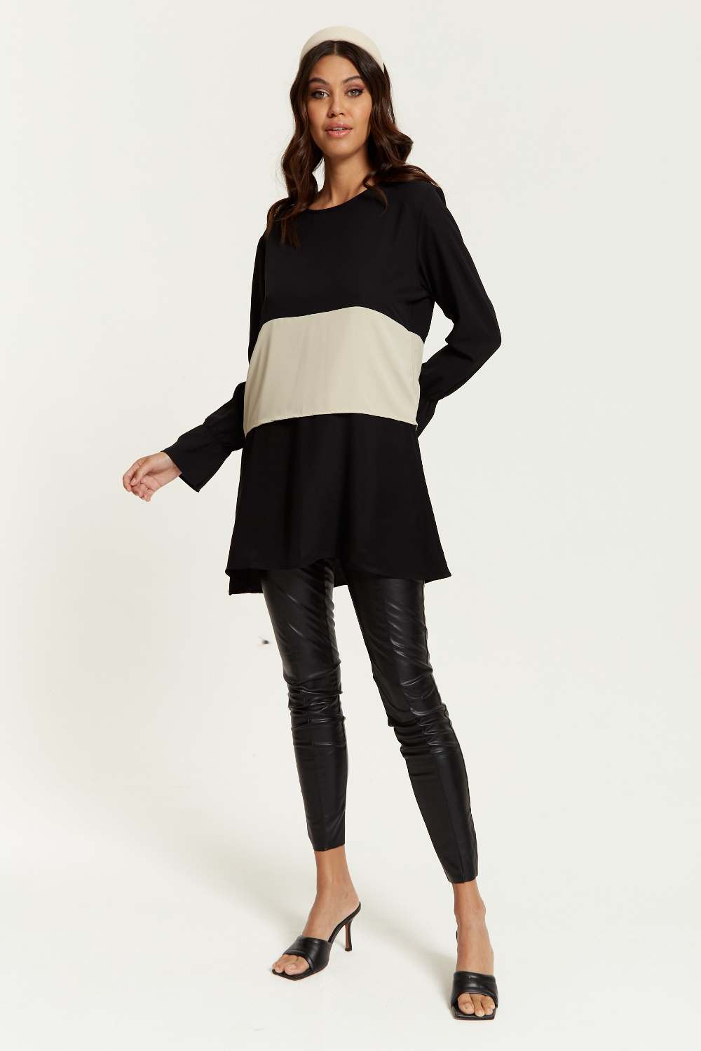 Oversized Satin Long Sleeves Colour Block Tunic Top in Black, White and Black