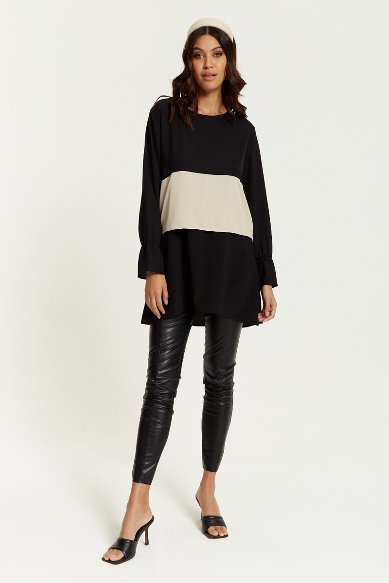 Oversized Satin Long Sleeves Colour Block Tunic Top in Black, White and Black