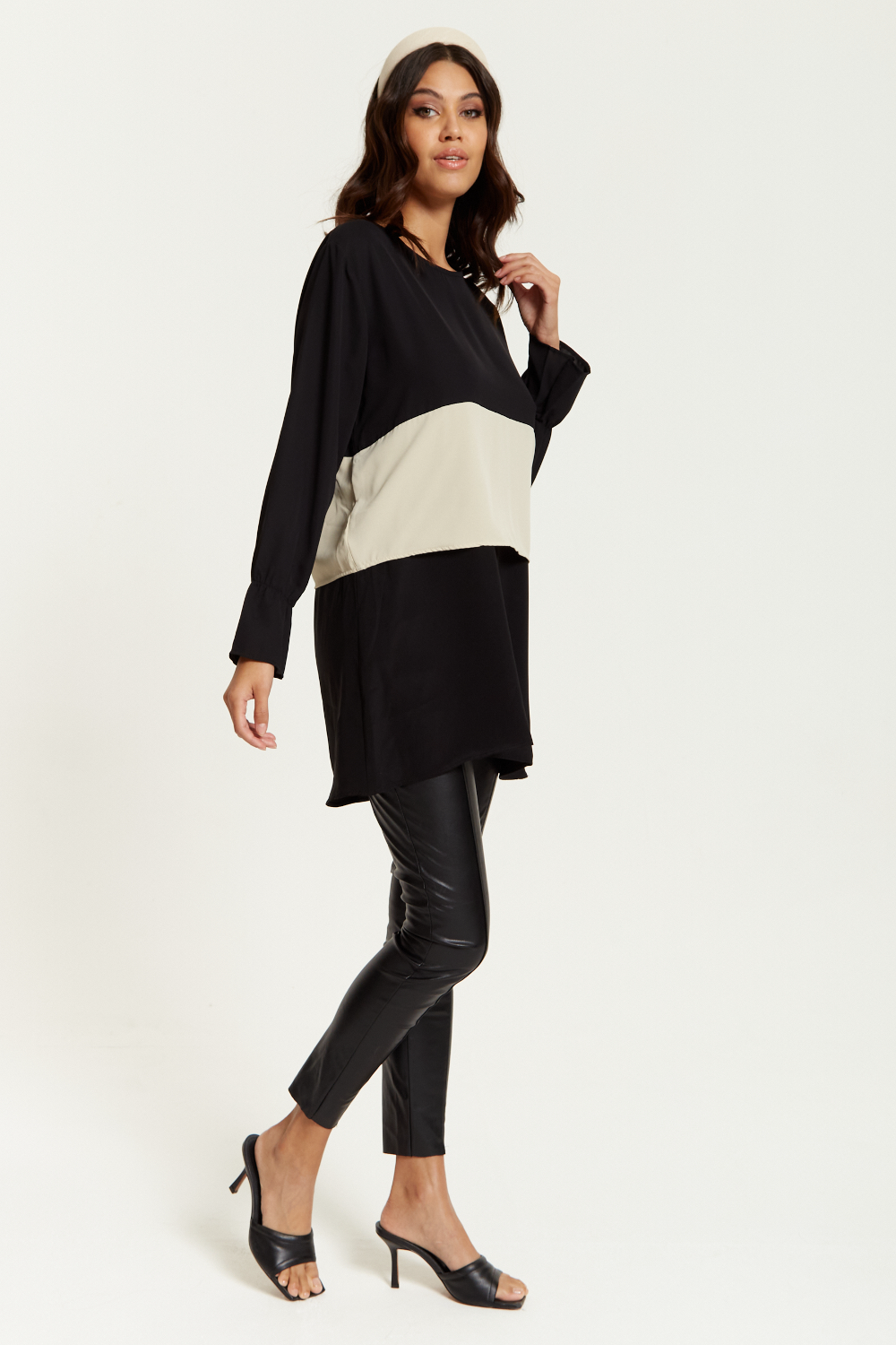 Oversized Satin Long Sleeves Colour Block Tunic Top in Black, White and Black