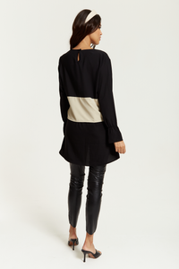 Oversized Satin Long Sleeves Colour Block Tunic Top in Black, White and Black