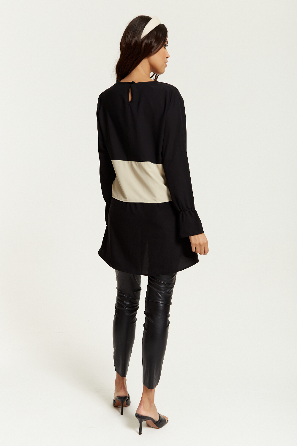 Oversized Satin Long Sleeves Colour Block Tunic Top in Black, White and Black