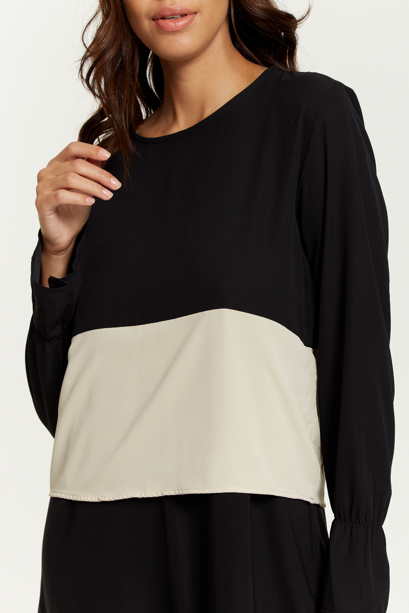 Oversized Satin Long Sleeves Colour Block Tunic Top in Black, White and Black