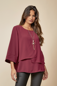 Layered Top With 3/4 Sleeves in Burgundy with Necklace