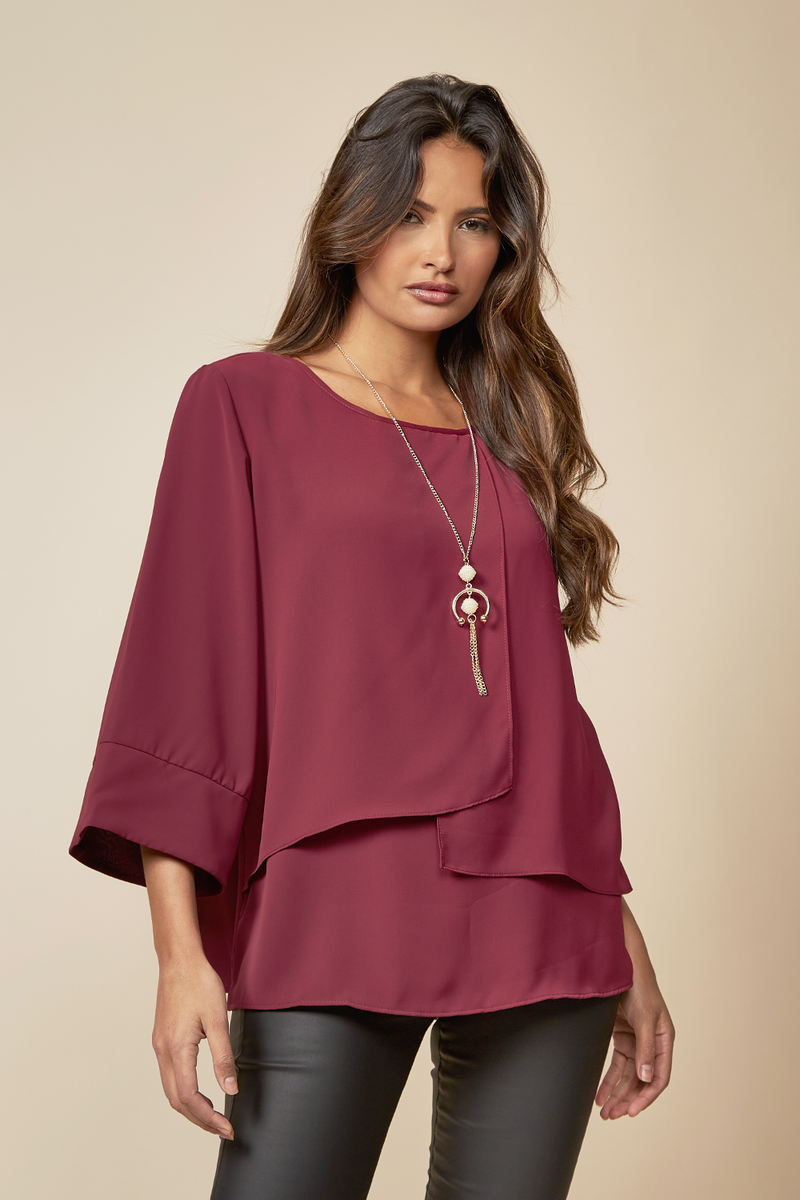 Layered Top With 3/4 Sleeves in Burgundy with Necklace