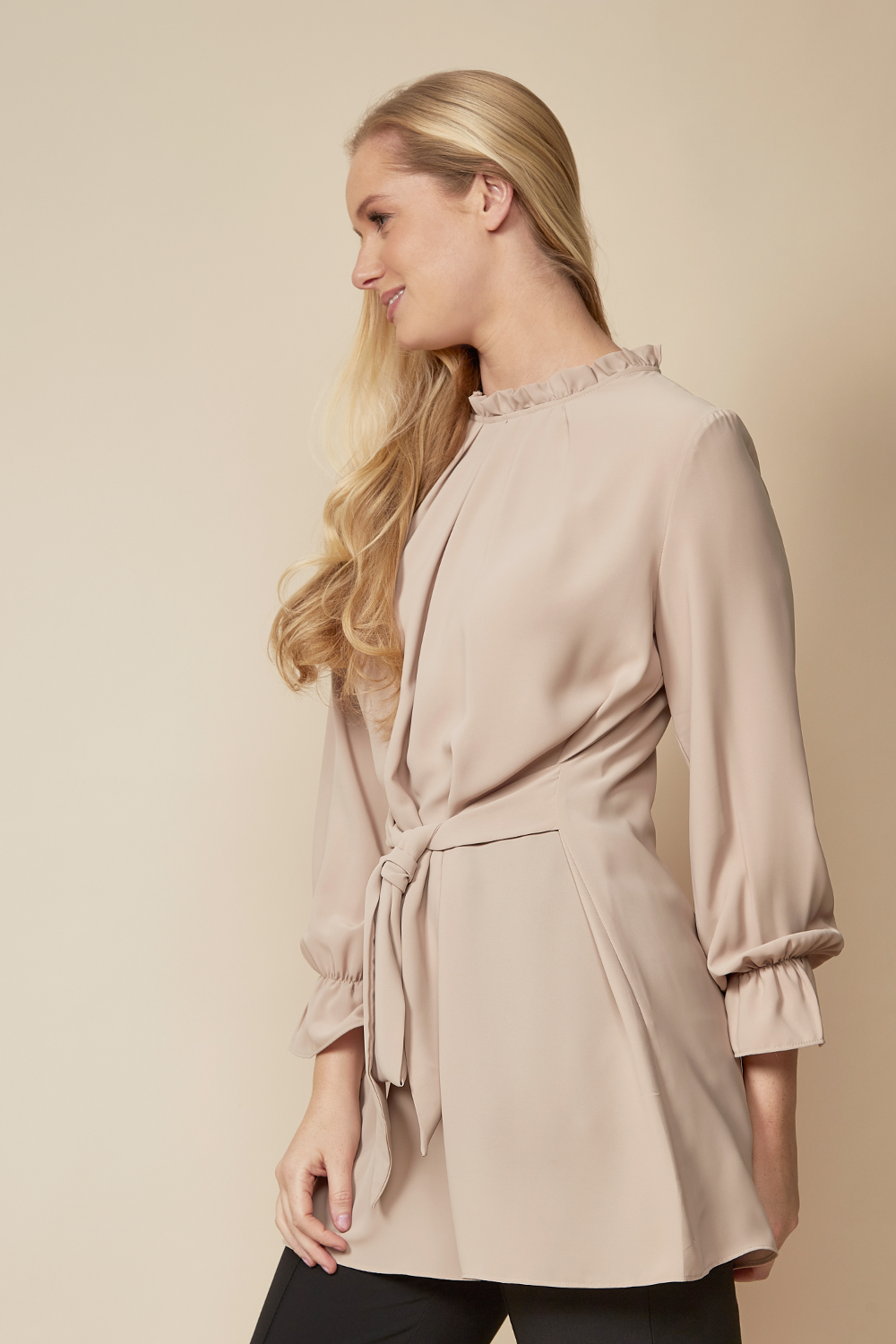 Oversized Tie Ruffle Neck Top with Tie Waist Detailed Top in Beige
