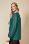 Long Sleeves Oversized Pleated Top with Tulle Details in Green