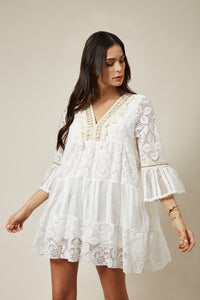 3/4 Sleeves V neck Mini Dress in White
