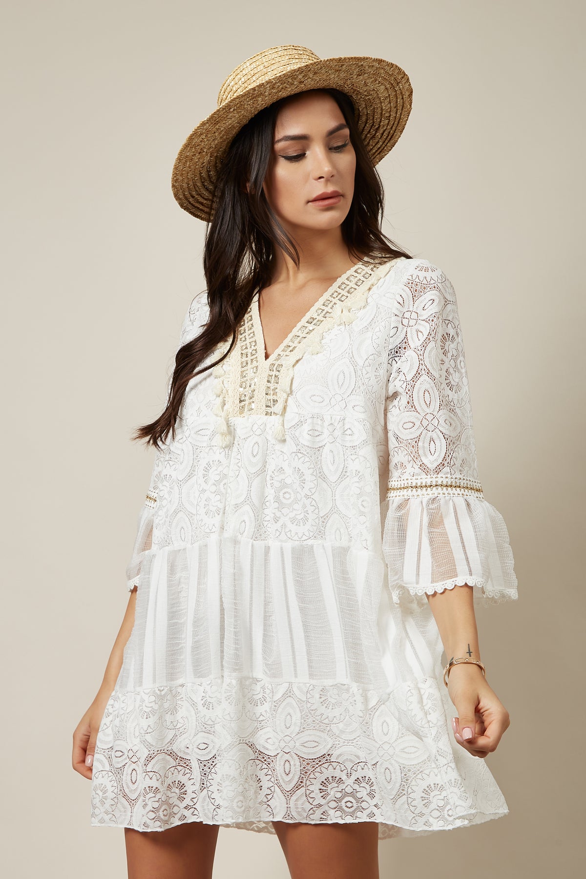 3/4 Sleeves V neck Mini Dress in White