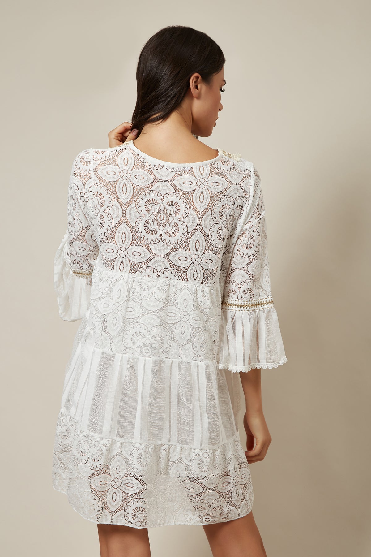 3/4 Sleeves V neck Mini Dress in White